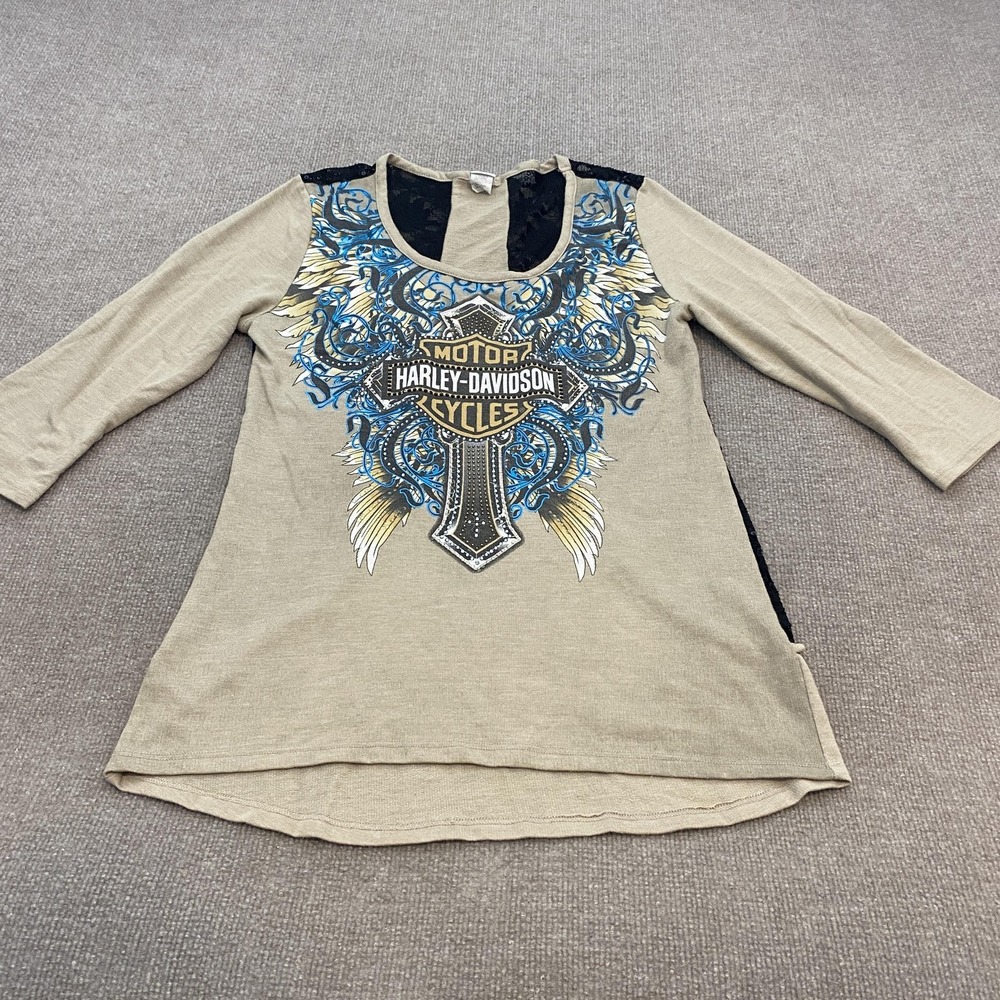 Harley-Davidson Shirt Womens 2X Beige Lace Rhinestone Cross Graphic Tunic Sequin